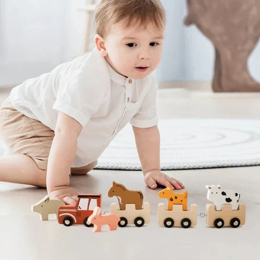Wooden train set with cute farm animals